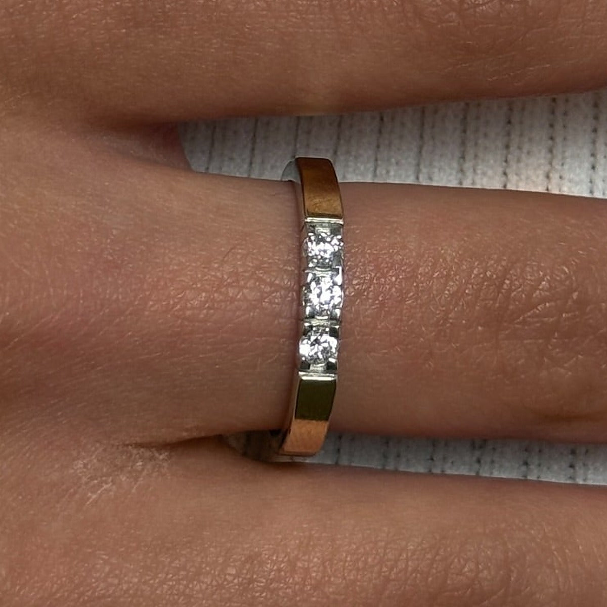 14K Gold Bonded Ring Three-Stone Band, sterling silver, worn on hand
