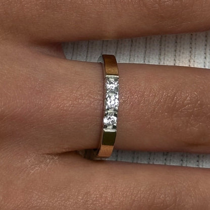 14K Gold Bonded Ring Three-Stone Band, sterling silver, worn on hand
