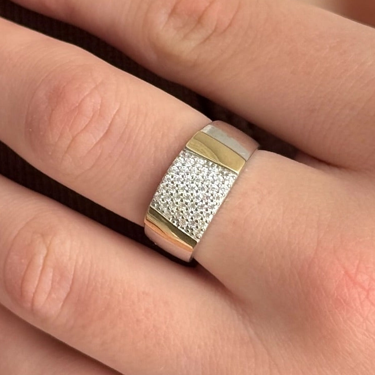 14K Gold Bonded Ring Pavé Panel, sterling silver, worn on hand