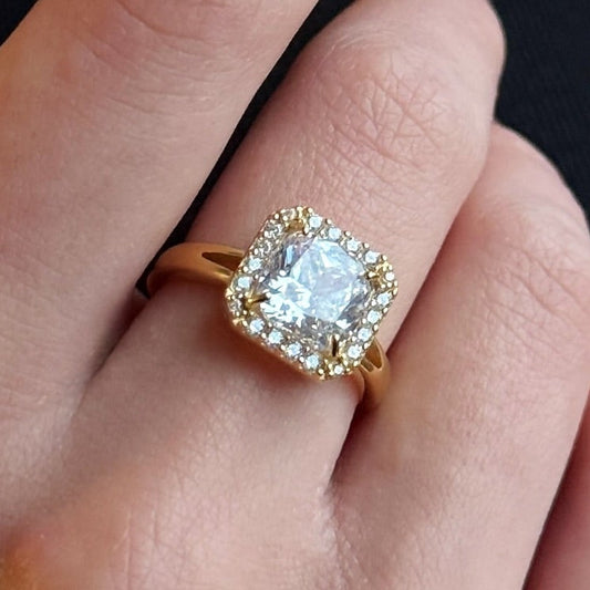 14K Gold Plated Ring Golden Radiant Halo, sterling silver, worn on hand