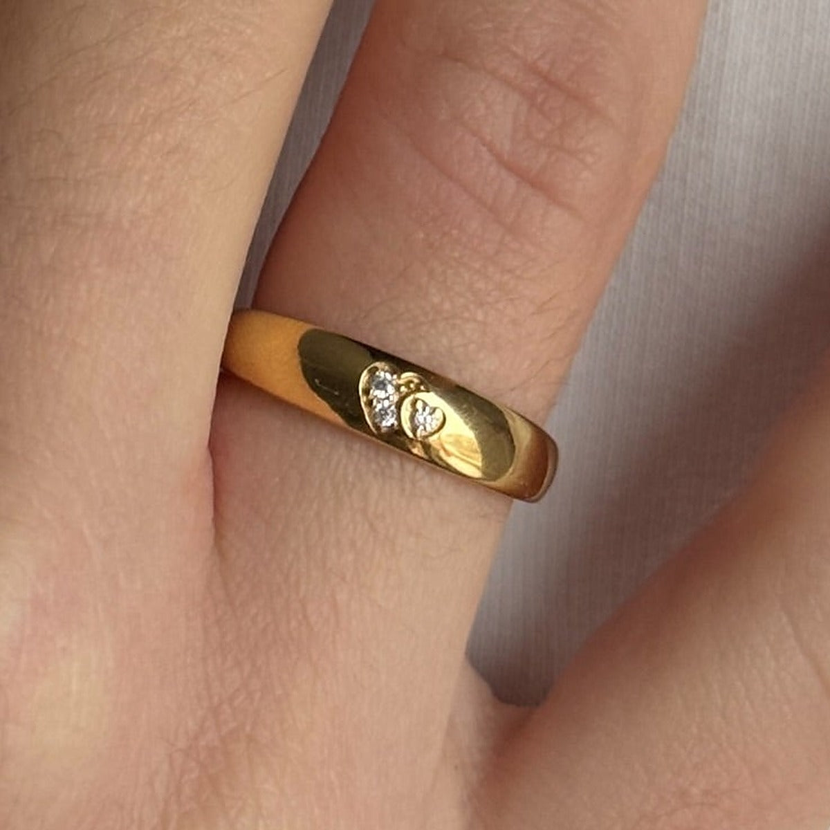 14K Gold Plated Ring Golden Twin Hearts, sterling silver, worn on hand