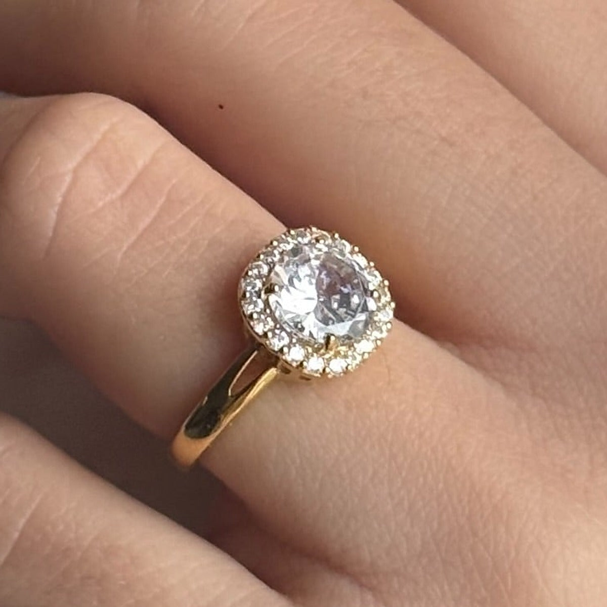 14K Gold Plated Ring Golden Classic Halo, sterling silver, worn on hand