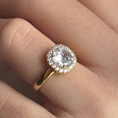 14K Gold Plated Ring Golden Classic Halo, sterling silver, worn on hand