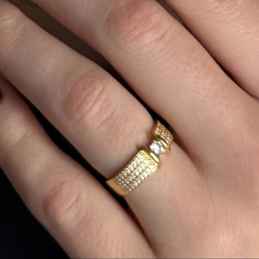14K Gold Plated Ring Pave Solitaire Band, sterling silver, worn on hand