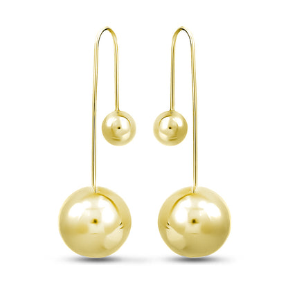 14K Gold Plated Threader Earrings Double Ball Drop, sterling silver