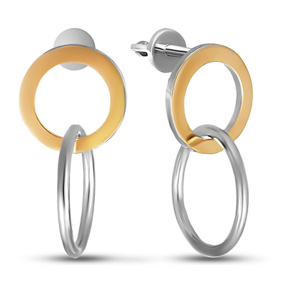 14K Gold Bonded Drop Earrings Linked Duo Rings, sterling silver