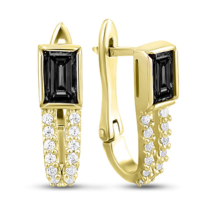 14K Gold Plated Huggie Earrings Golden Baguette Noir, sterling silver