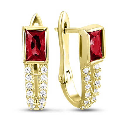 14K Gold Plated Huggie Earrings Garnet Baguette Pave, sterling silver