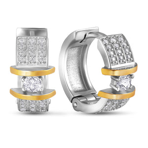 14K Gold Bonded Hoop Earrings Block Solitaire Two-Tone, sterling silver