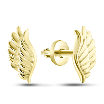 14K Gold Plated Stud Earrings | Golden Angel Wings | Sterling Silver