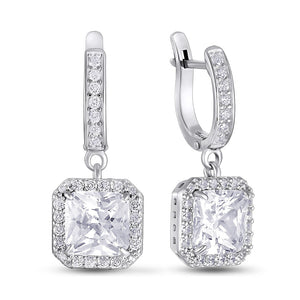 Cubic Zirconia Dangle Earrings Princess Halo Drop, sterling silver