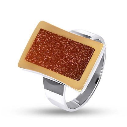 14K Gold Bonded Ring | Goldstone Tilt Plate | Sterling Silver