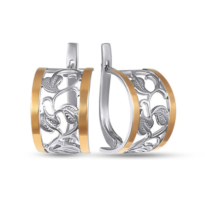 14K Gold Bonded Huggie Earrings Leaf Vine Openwork, sterling silver