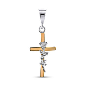 14K Gold Bonded Pendant Rose Cross, sterling silver