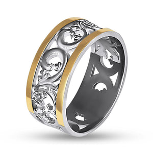 14K Gold Bonded Ring Baroque Vine Band, sterling silver