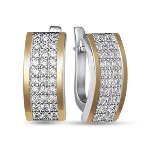 14K Gold Bonded Huggie Earrings White Pavé Rails, sterling silver