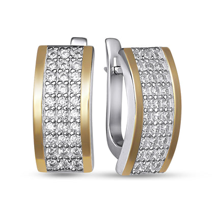 14K Gold Bonded Huggie Earrings White Pavé Rails, sterling silver