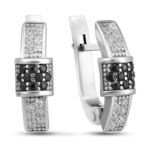 Cubic Zirconia Huggie Earrings Buckle Noir, sterling silver