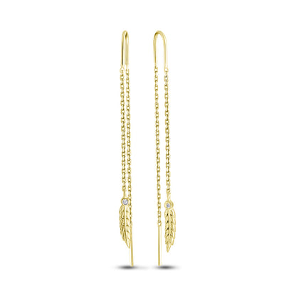 14K Gold Plated Threader Earrings | Golden Feather Threader | Sterling Silver