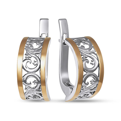 14K Gold Bonded Huggie Earrings Baroque Scroll, sterling silver