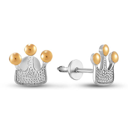 14K Gold Bonded Stud Earrings Little Crown, sterling silver