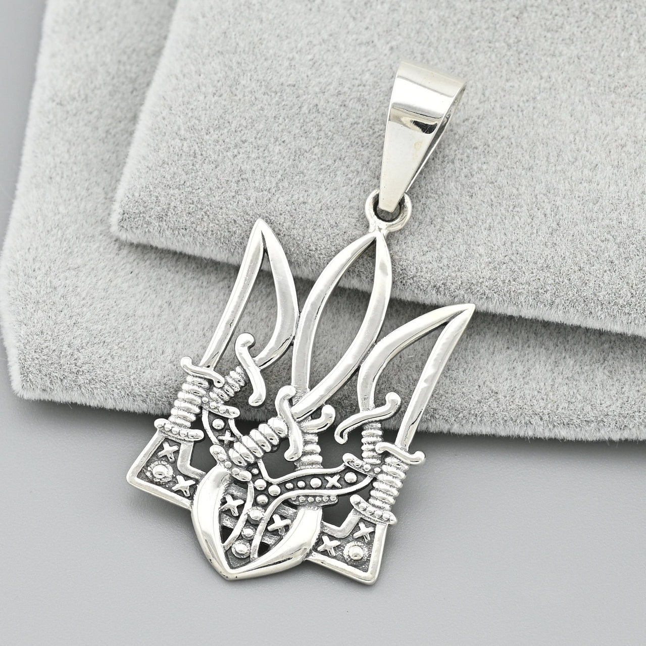 Solid 925 Sterling Silver Ukrainian Trident Pendant with Sword and Heart Design - Olivia Star Jewelry - 1854P