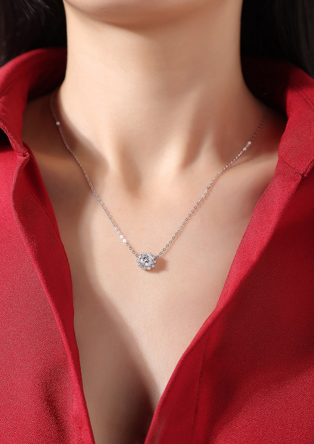 Moissanite Pendant Necklace | Romantic Snowflake | Sterling Silver