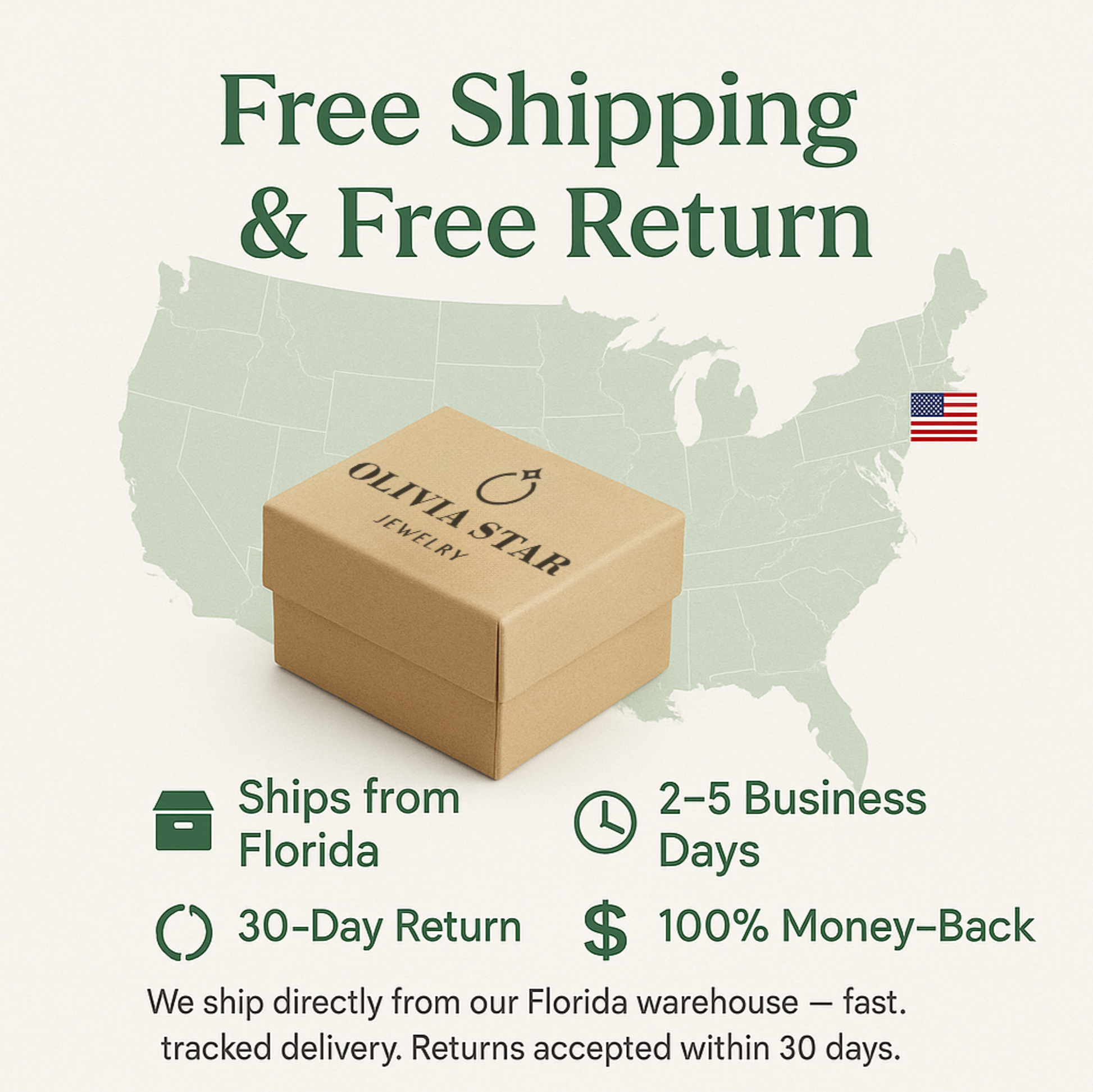 Olivia Star jewelry box with free shipping and return information on a map of the United States.