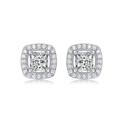Moissanite stud earrings with a luminous square design, featuring precisely cut stones set in a sleek metal frame for a modern and elegant touch.