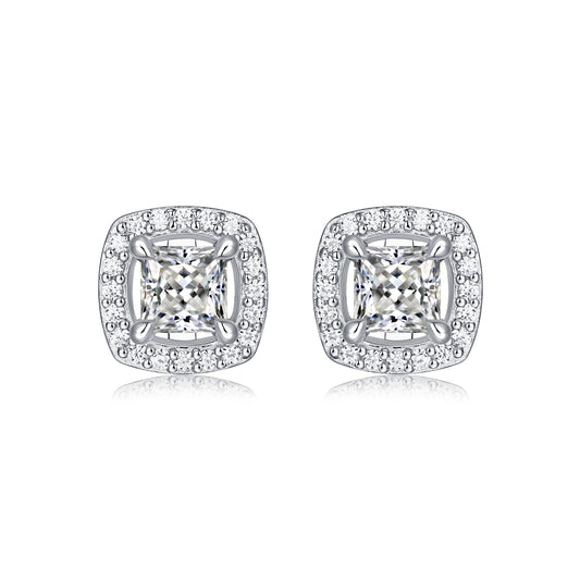 Moissanite stud earrings with a luminous square design, featuring precisely cut stones set in a sleek metal frame for a modern and elegant touch.