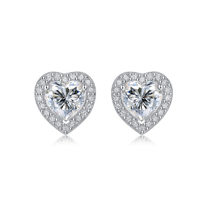 Moissanite stud earrings with a heartfelt design, featuring sparkling heart-shaped stones set in a polished metal frame for a timeless and elegant touch.