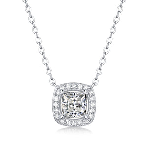 Moissanite pendant necklace with a luminous square design, featuring a precisely cut stone set in a sleek metal frame for a modern and sophisticated look.