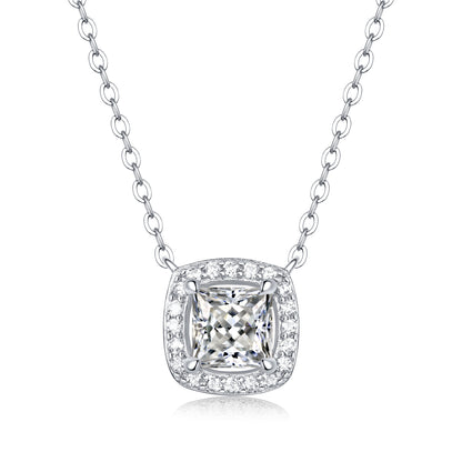 Moissanite pendant necklace with a luminous square design, featuring a precisely cut stone set in a sleek metal frame for a modern and sophisticated look.
