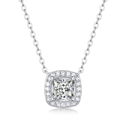 Moissanite pendant necklace with a luminous square design, featuring a precisely cut stone set in a sleek metal frame for a modern and sophisticated look.