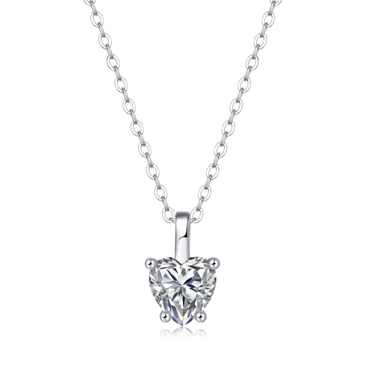 Moissanite pendant necklace with a heart design, featuring a sparkling stone set in a delicate metal frame, symbolizing love and elegance.