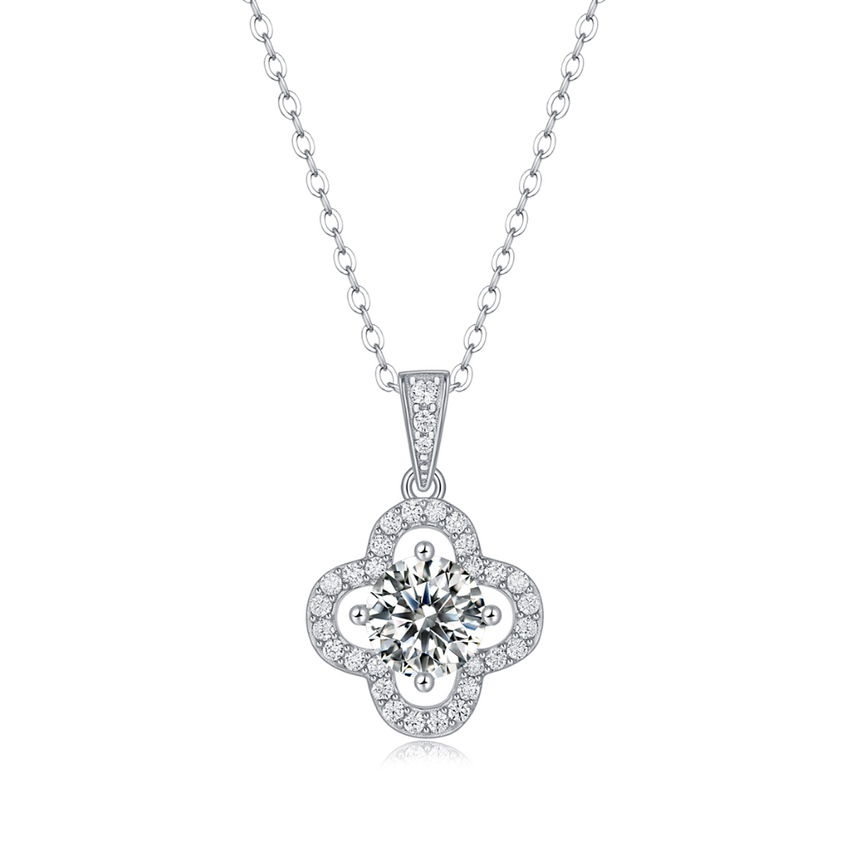 Moissanite pendant necklace with a clover bloom design, featuring sparkling stones arranged in a delicate four-leaf pattern set in a polished metal frame for a timeless and elegant look.