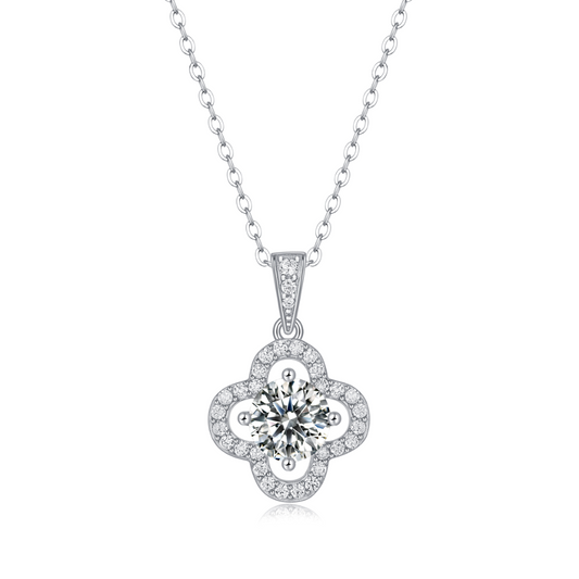 Moissanite pendant necklace with a clover bloom design, featuring sparkling stones arranged in a delicate four-leaf pattern set in a polished metal frame for a timeless and elegant look.