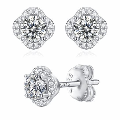 Moissanite stud earrings with a bloom-inspired design, featuring intricately arranged sparkling stones set in a polished metal frame for a delicate and elegant look.