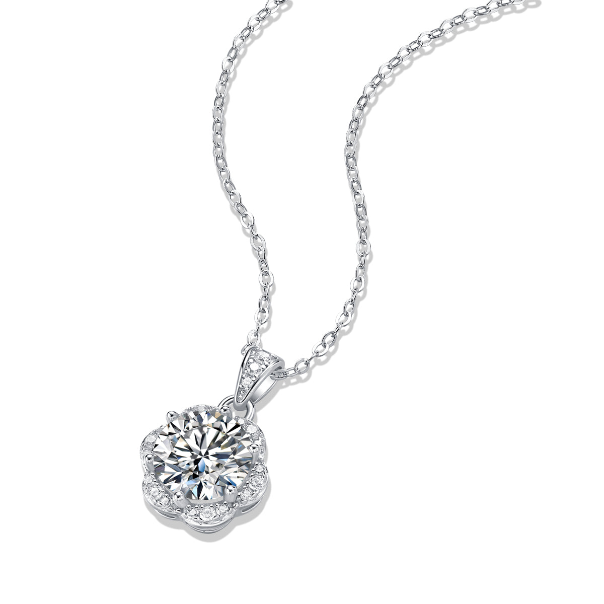 Moissanite lab-grown Diamond Necklace for women - 18K White Gold Plated S925 Sterling Silver - Flower Ball - 5