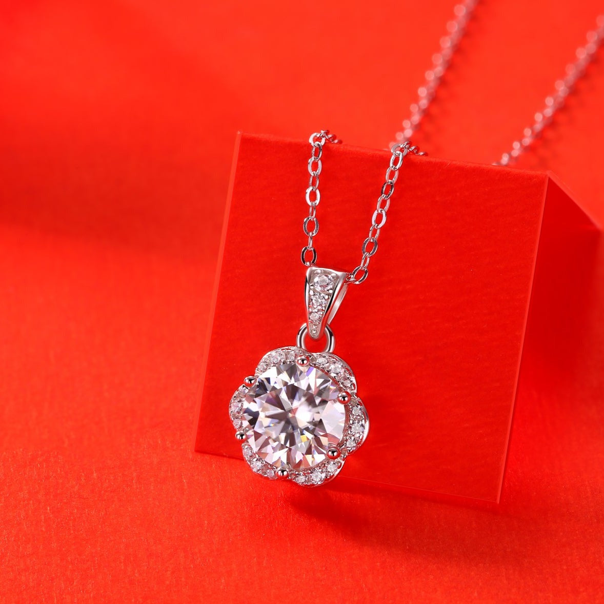 Moissanite lab-grown Diamond Necklace for women - 18K White Gold Plated S925 Sterling Silver - Flower Ball - 3