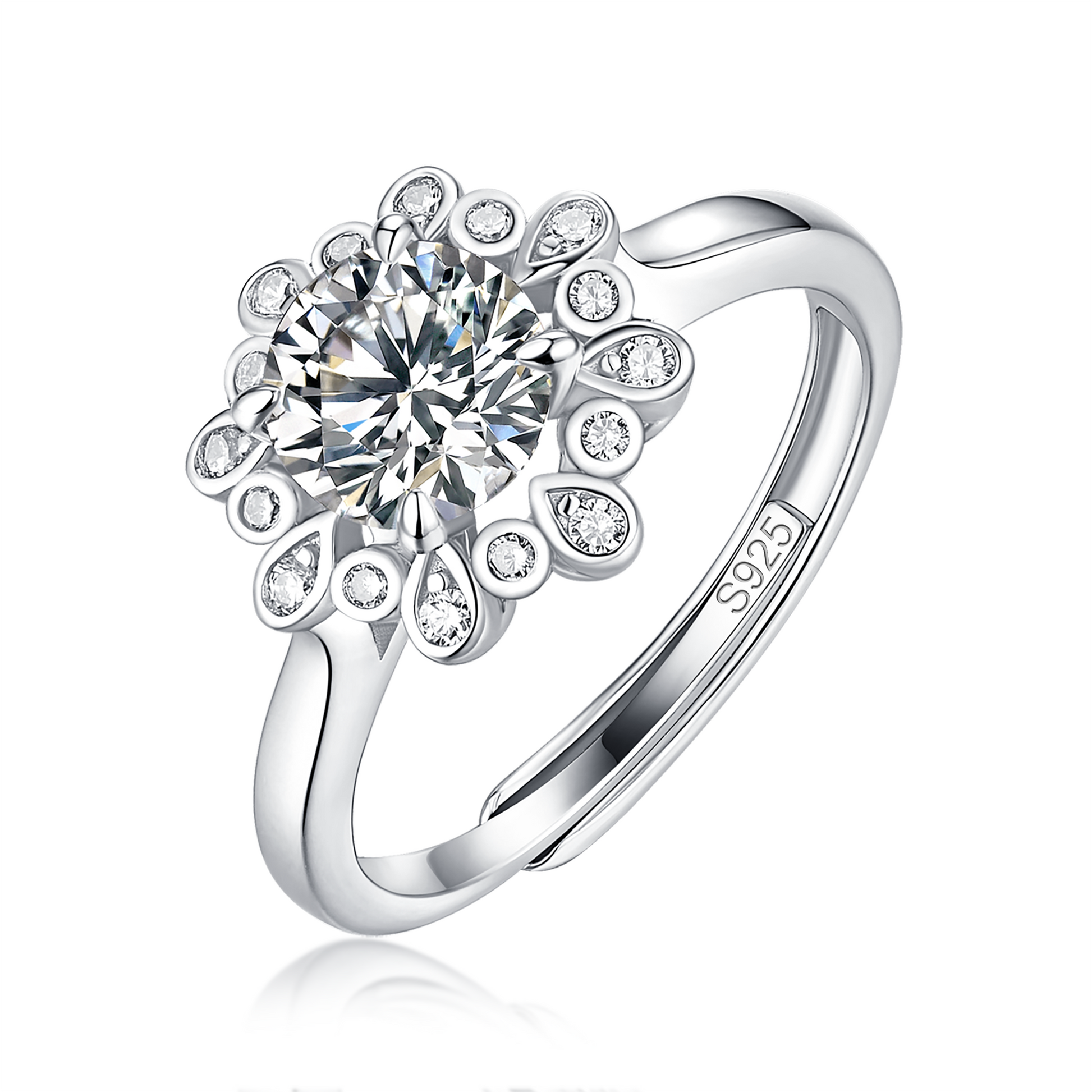 Moissanite ring with a starry blossom design, featuring a dazzling center stone surrounded by delicate accents set in a polished metal band for a radiant and elegant look.