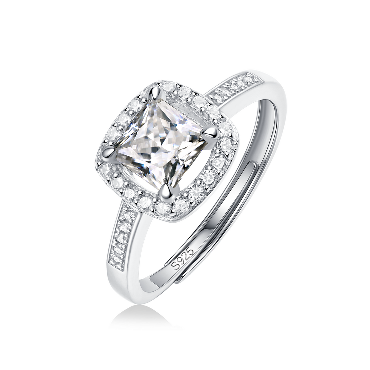 Moissanite engagement ring with a luminous square design, featuring a radiant square-cut center stone set in a sleek metal band for a modern and elegant look.