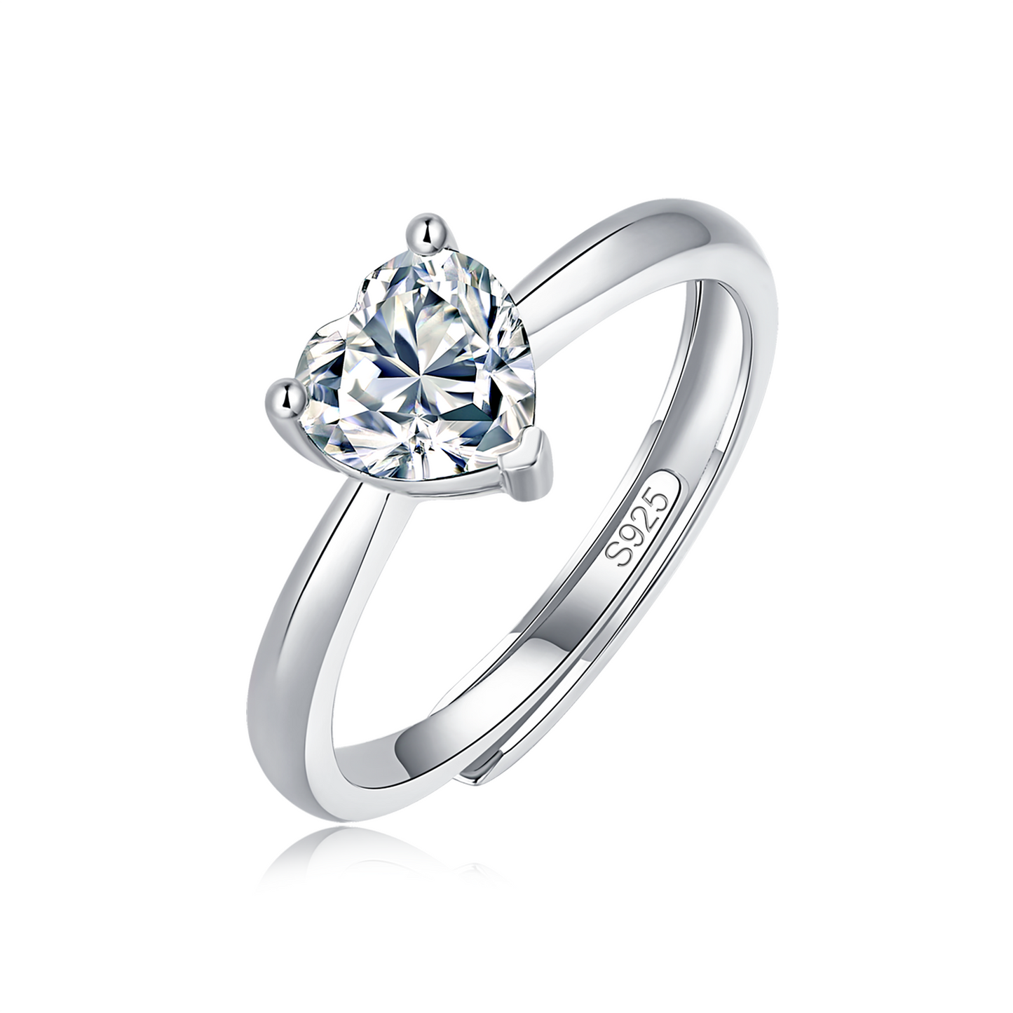 Moissanite ring with a brilliant heart design, featuring a radiant heart-shaped center stone set in a polished metal band for a timeless and romantic look.