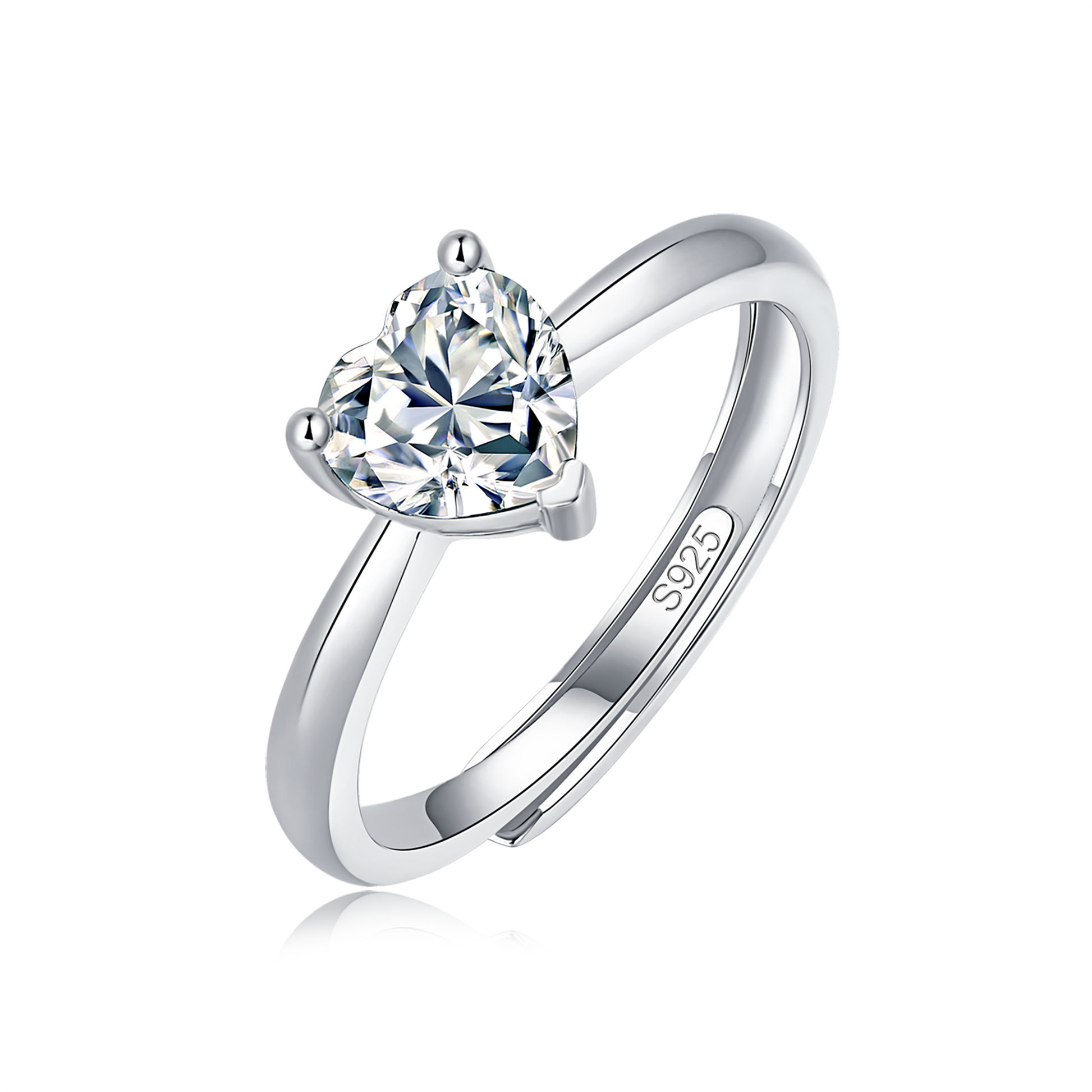Moissanite ring with a brilliant heart design, featuring a radiant heart-shaped center stone set in a polished metal band for a timeless and romantic look.