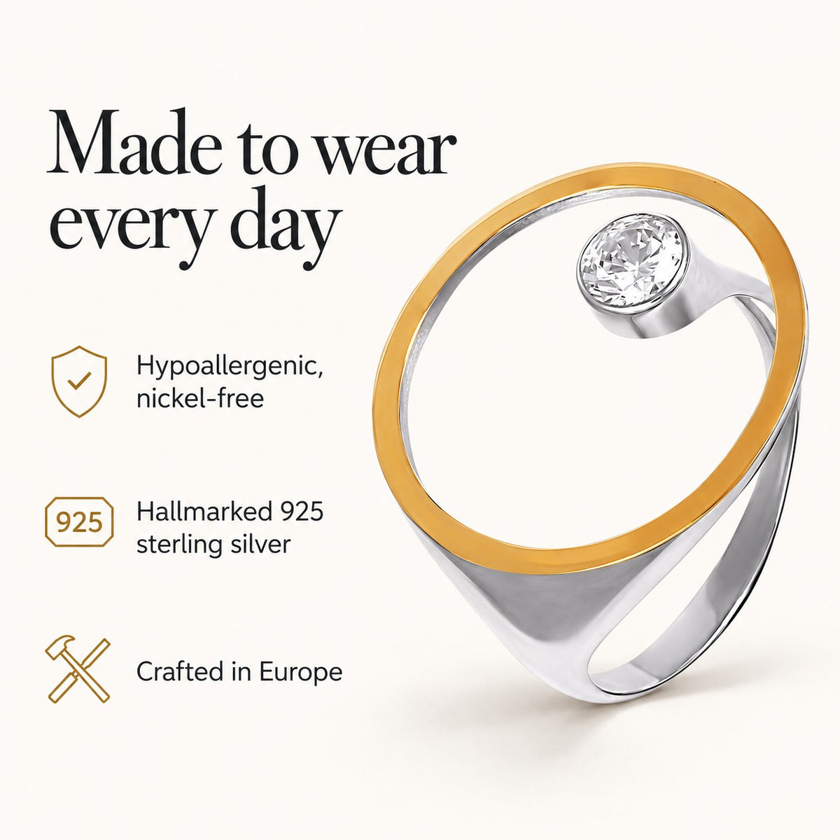 Golden Orbit ring: hypoallergenic nickel-free, hallmarked 925 sterling silver, crafted in Europe