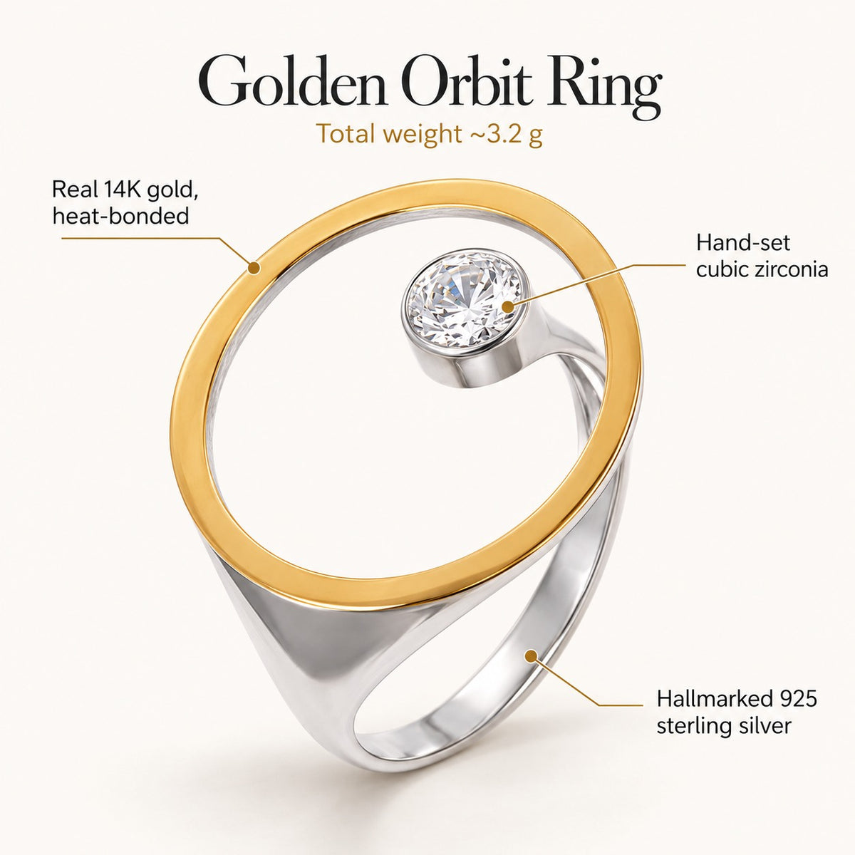 Golden Orbit ring: real 14K gold heat-bonded open circle, hand-set cubic zirconia, hallmarked 925 sterling silver band, total weight about 3.2 g