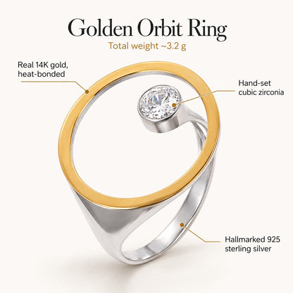 Golden Orbit ring: real 14K gold heat-bonded open circle, hand-set cubic zirconia, hallmarked 925 sterling silver band, total weight about 3.2 g