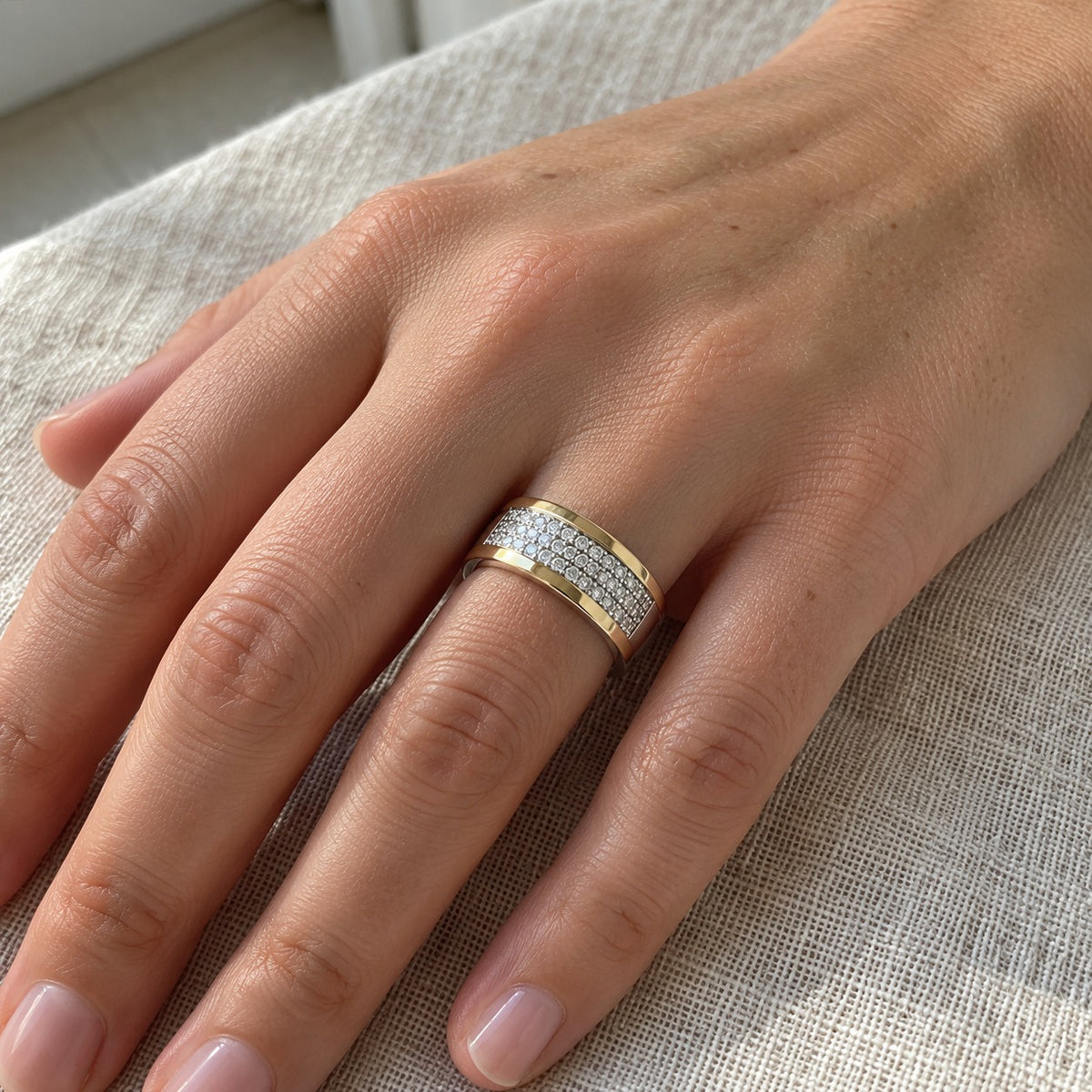 White Panel Band ring worn on the hand, true-to-size