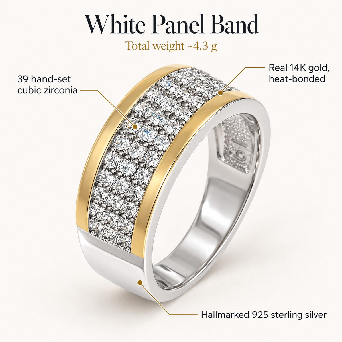 White Panel Band ring: 39 hand-set cubic zirconia, real 14K gold heat-bonded edge rails, hallmarked 925 sterling silver, total weight about 4.3 g