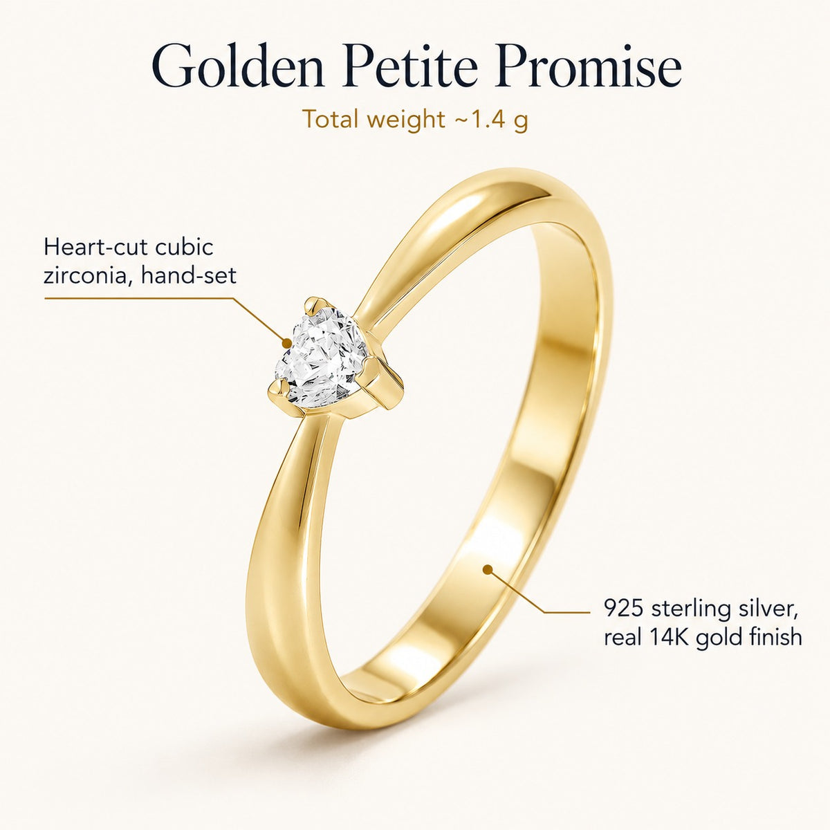 Golden Petite Promise ring: heart-cut cubic zirconia hand-set, 925 sterling silver with real 14K gold finish, total weight about 1.4 g